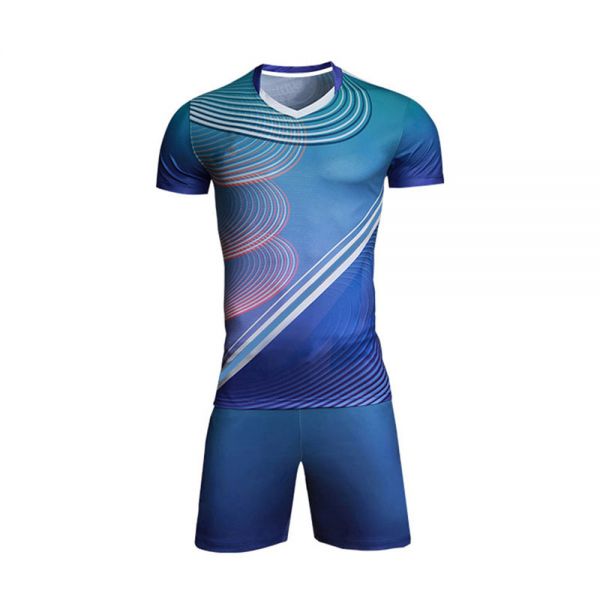 Blue Gradient Sports Uniform Set Short Sleeve V Neck Jersey and Above Knee Shorts Manufacturers, Suppliers in Sialkot