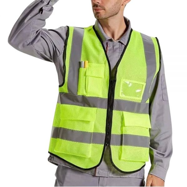 Lime Green Safety Vest Reflective Mesh Polyester Zipper Multiple Pockets Manufacturers, Suppliers in Nizhnevartovsk