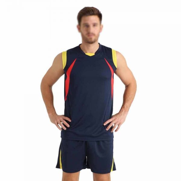 Navy Blue Red and Yellow Sports Uniform Set Sleeveless Round Neck Jersey and Above Knee Manufacturers, Suppliers in Sialkot