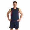 Navy Blue Red and Yellow Sports Uniform Set Sleeveless Round Neck Jersey and Above Knee Manufacturers, Suppliers in Sialkot