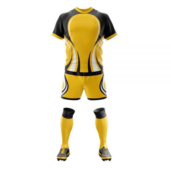 Rugby Uniform Set Yellow Black Polyester Lightweight Breathable Jersey Shorts Socks Manufacturers, Suppliers in Sialkot