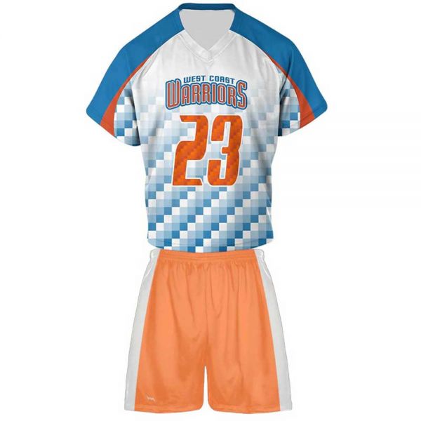 White Blue Light Blue and Orange Lacrosse Uniform Jersey and Shorts Athletic Fit Manufacturers, Suppliers in Sialkot